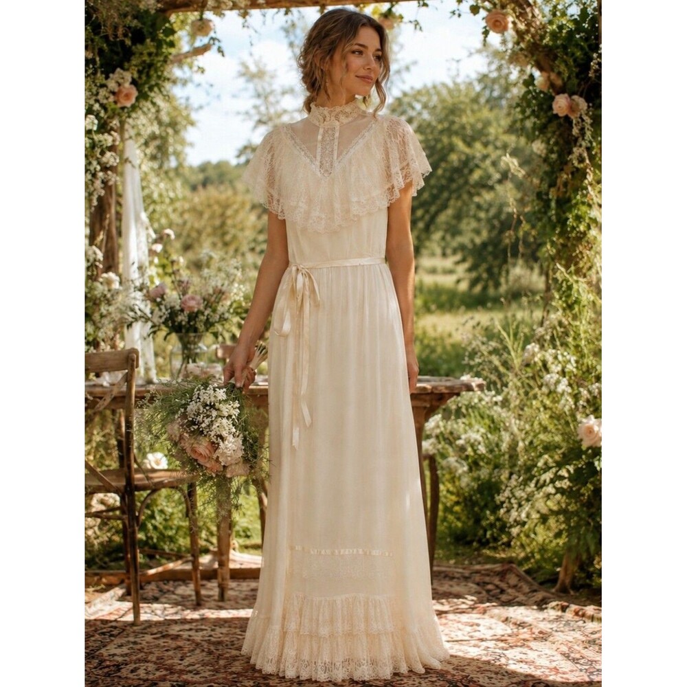 Vintage 1970s cream lace tie bow midi maxi boho rustic modest wedding dress